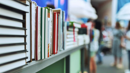 Bookshelf with various publications at a busy book fair exhibitionの写真素材