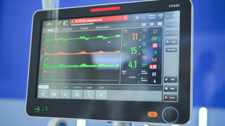Ventilator screen showing medical data, graphs, and numbers in an intensive care unit