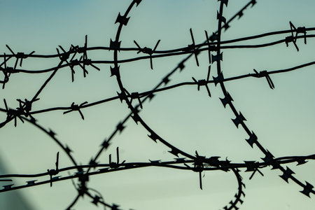 Tangled razor and barbed wire creating a strong barrier against a light sky