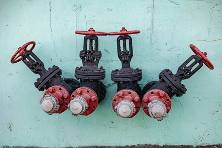 Four red and black industrial valves mounted on a turquoise concrete wall