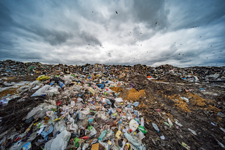 Landfill site extending under a dramatic sky with birds flying creating pollution concernの写真素材