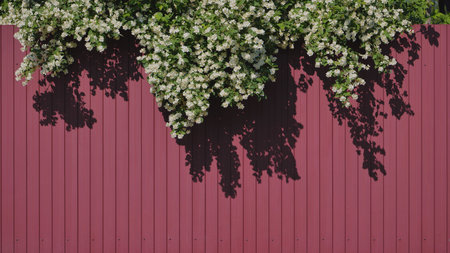 White jasmine flowers hanging over a maroon fence creating shadowsの写真素材