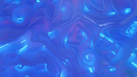Abstract blue artistic light installation forming wavy shapes and glowing neon tubesの写真素材