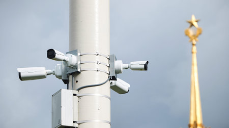 Surveillance cameras monitoring Moscow Kremlin area, ensuring security and protection