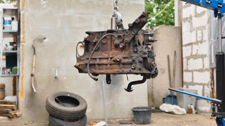Car engine block repairing with hoist at service station