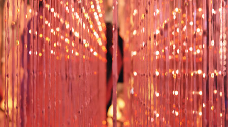 Beads on strings creating a warm, glowing visual texture with out of focus lightsの写真素材