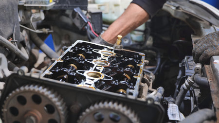 Mechanic repairing car engine at auto service station