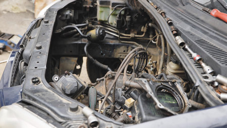 Car engine undergoing repair at auto service station