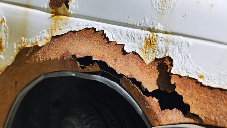 Car wheel well heavily corroded with rust, showing vehicle decay and abandoned state in Moscow
