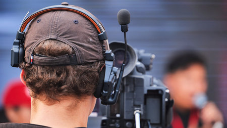 Cameraman wearing a headset with a microphone operating a video camera during an event.
