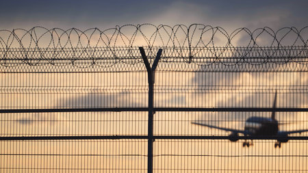 Airport fence with razor wire, an airplane landing in the background at sunsetの写真素材