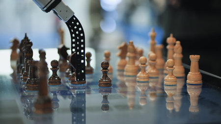 Robot arm moving chess piece on board, depicting artificial intelligence and strategy