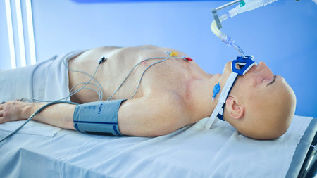 Medical training mannequin featuring intubation tube and vital sign monitors