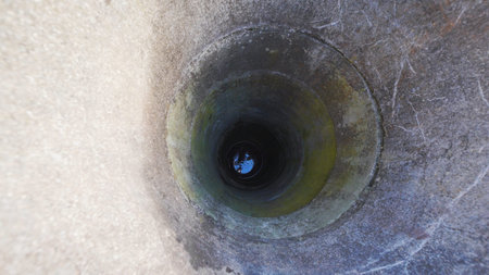 Old concrete well shaft looking down, showing deep water and blue sky reflection
