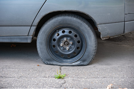 Car having a flat tire on asphalt road, showing breakdown and automotive trouble