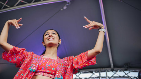 Moscow, Russia - August 25, 2025: Indian woman performing traditional dance at India Day cultural festival in Moscowのeditorial素材