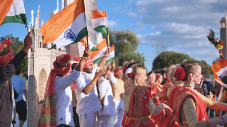 Moscow, Russia - August 25, 2025: Celebrating India Day in Moscow with people waving flags and...