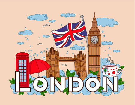 Infographics of London travel. Vector background, big Ben, tower bridge, phone, Cup of tea, umbrella, clouds, rain.のイラスト素材