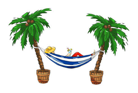 A girl in a hammock between palm trees on a white background. Cartoon illustration in vector format.のイラスト素材