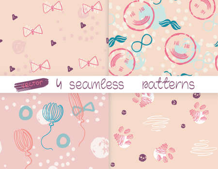 A collection of abstract, colorful children's hand-drawn seamless patterns.のイラスト素材