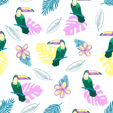 Seamless tropical pattern with toucans, flowers and palm leaves. Vector background.のイラスト素材