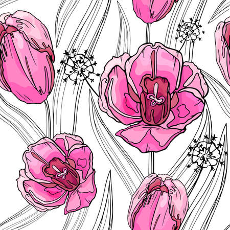 Seamless vector pattern with pink tulips on an isolated background.のイラスト素材