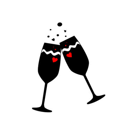 Silhouettes of two glasses of champagne on a white isolated background. Vector. Holiday, wedding, Banquet. Decor.のイラスト素材