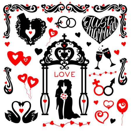 Silhouettes of just married, hearts, wedding paraphernalia on an isolated background.のイラスト素材