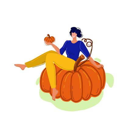 Happy girl sitting on a giant pumpkin. Big harvest. Vector illustration.のイラスト素材