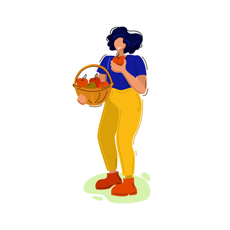 A happy woman holds a basket of apples. Harvest. Vector illustration.のイラスト素材