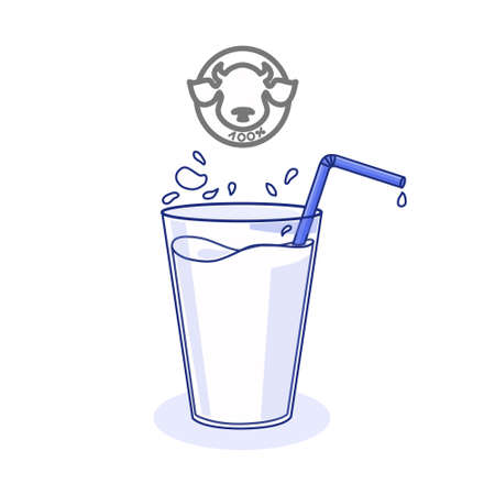Vector illustration of a glass of cow's milk isolated on a white background. Healthy organic dairy product. Cartoon cute morning Breakfast icon. 100% natural.のイラスト素材