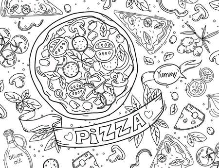 Italian pizza and ingredients are isolated on a white background. Italian cuisine menu design template. Outline.Vector illustration. Coloring book.のイラスト素材