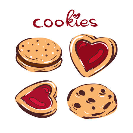 Vector delicious set of heart cookies, with chocolate. Hugge. Isolated background.のイラスト素材