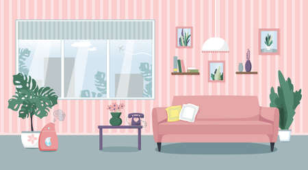 Vector illustration of the living room interior. Comfortable sofa, table, window, indoor plants, humidifier. Flat style.のイラスト素材
