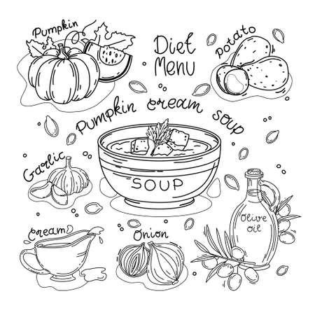 Vector set of ingredients for pumpkin cream soup. Outline. Coloring book. Isolated background.のイラスト素材