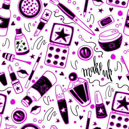 Vector seamless hand-drawn makeup pattern with text. Beautiful background, banner.On a white isolated background.のイラスト素材