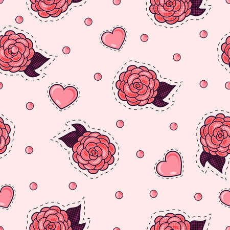 Cute seamless vector pattern with roses and hearts. Objects are isolated.のイラスト素材