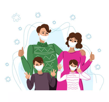 Vector illustration of a family in protective masks, standing together. Protected from viruses and infections. Objects are isolated.のイラスト素材