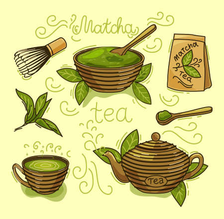 set of matcha tea products. Matcha powder, mochi, teapot, spoon, tea leaves. Color illustration. Objects are isolated.のイラスト素材