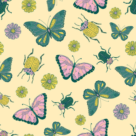 Insects and flowers seamless pattern. Happy and colorful background. Objects are isolated.