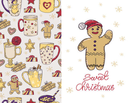 Festive seamless pattern with Christmas drinks and gingerbread. Christmas and new year. Christmas card with a gingerbread man.のイラスト素材