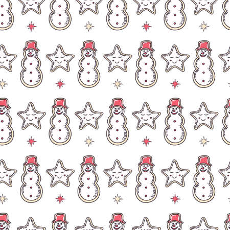 Vector seamless pattern with gingerbread. Snowmen and stars. Isolated background.のイラスト素材