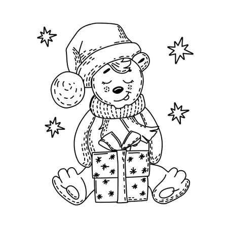 Bear with a gift box. Coloring. Christmas and new year. Isolated background. Vector.のイラスト素材