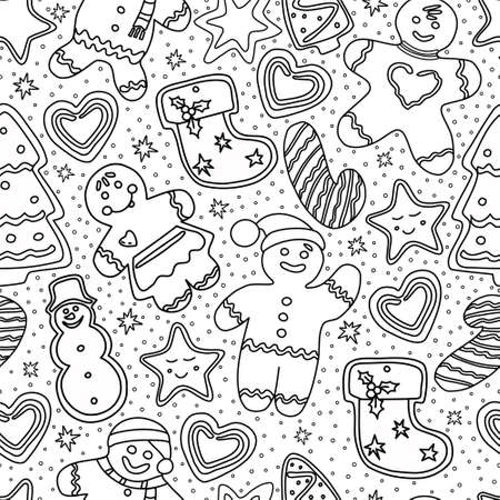 Gingerbread seamless pattern coloring. Christmas and new year. Vector.のイラスト素材