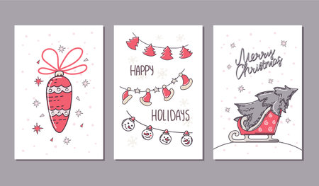 Set of holiday cards with decorative elements. Christmas. Isolated background. Vector.のイラスト素材