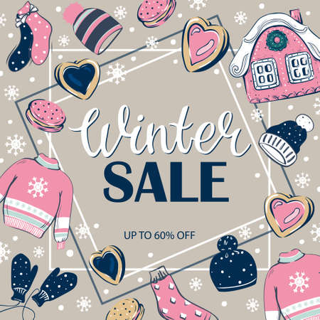 Colorful hand-drawn banner winter sale. Vector background. Objects are isolated.のイラスト素材
