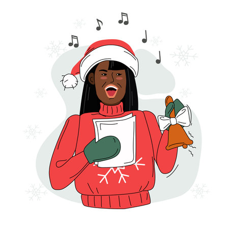 A woman with a bell sings Christmas songs. Vector. Isolated background.のイラスト素材