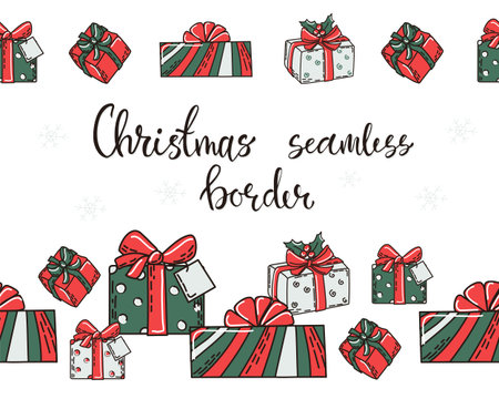 Set of Christmas seamless borders with gift boxes. Vector illustration.のイラスト素材