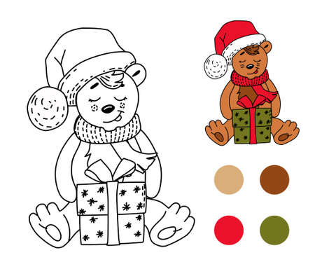 Children's coloring book bear with gift box. Vector illustration.のイラスト素材