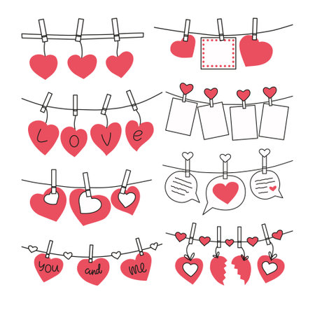 Set of Valentines on clothespins. Vector illustration.のイラスト素材